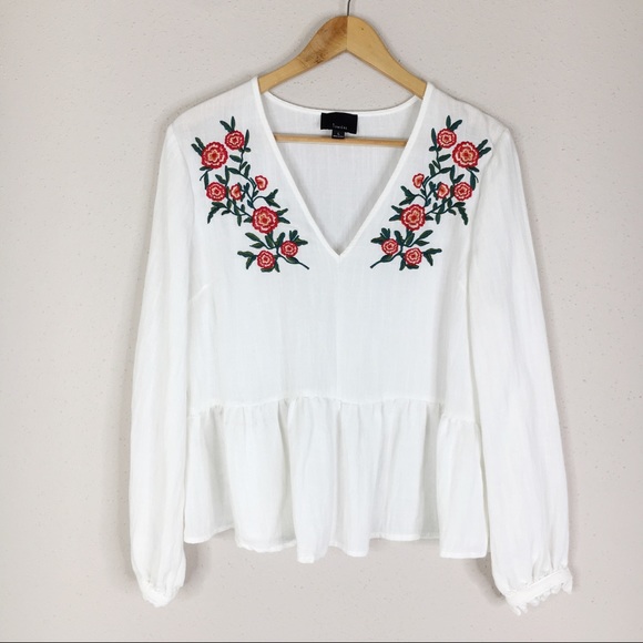 Lumiere Tops - Lumiere White Floral Embroidered Peplum Blouse